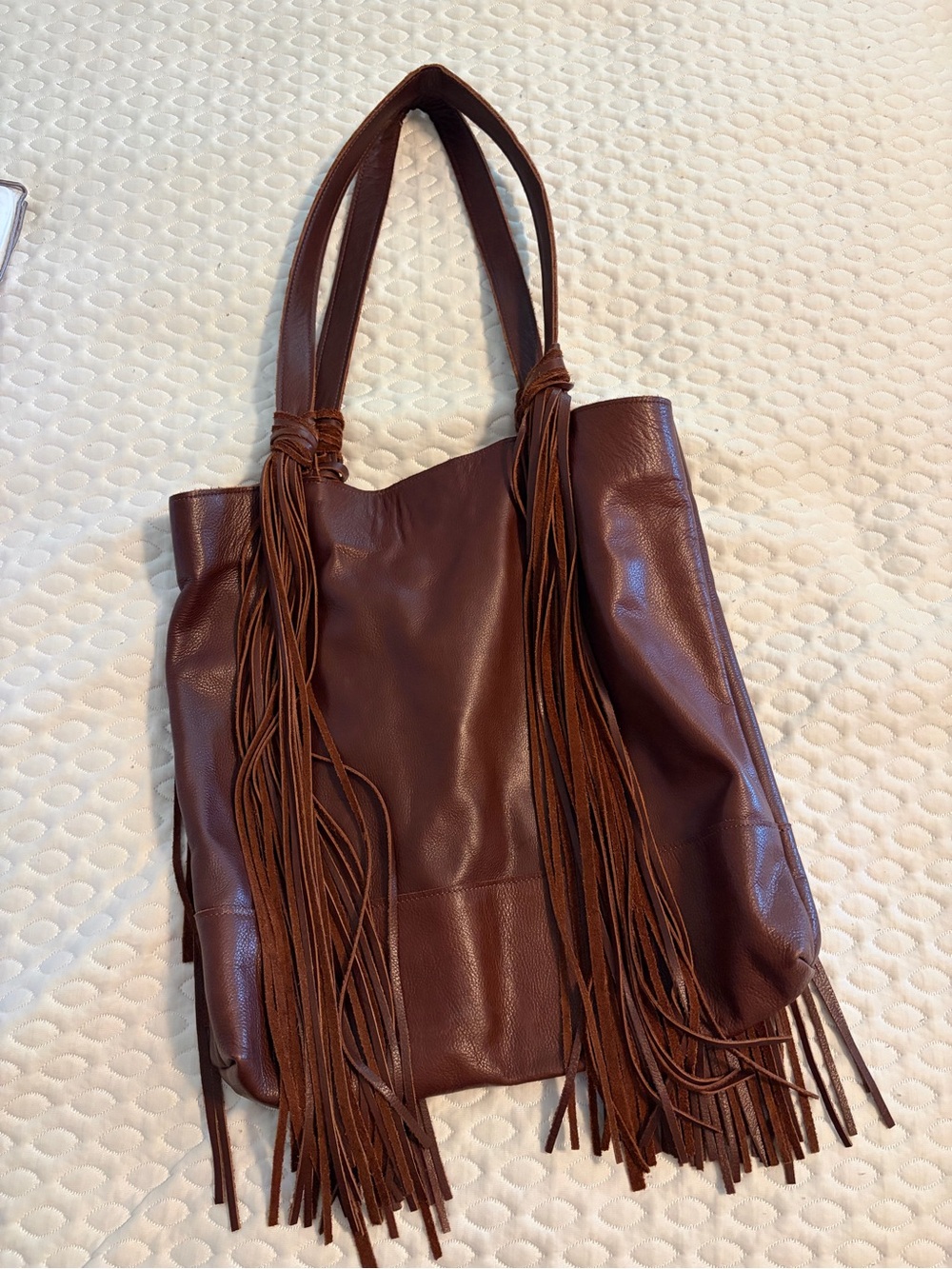 Fringed Leather Tote Bag in Dark Brown